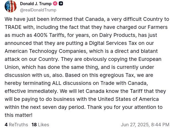 Дональд Трамп прекращает торговые переговоры с Канадой и возвращает пошлины