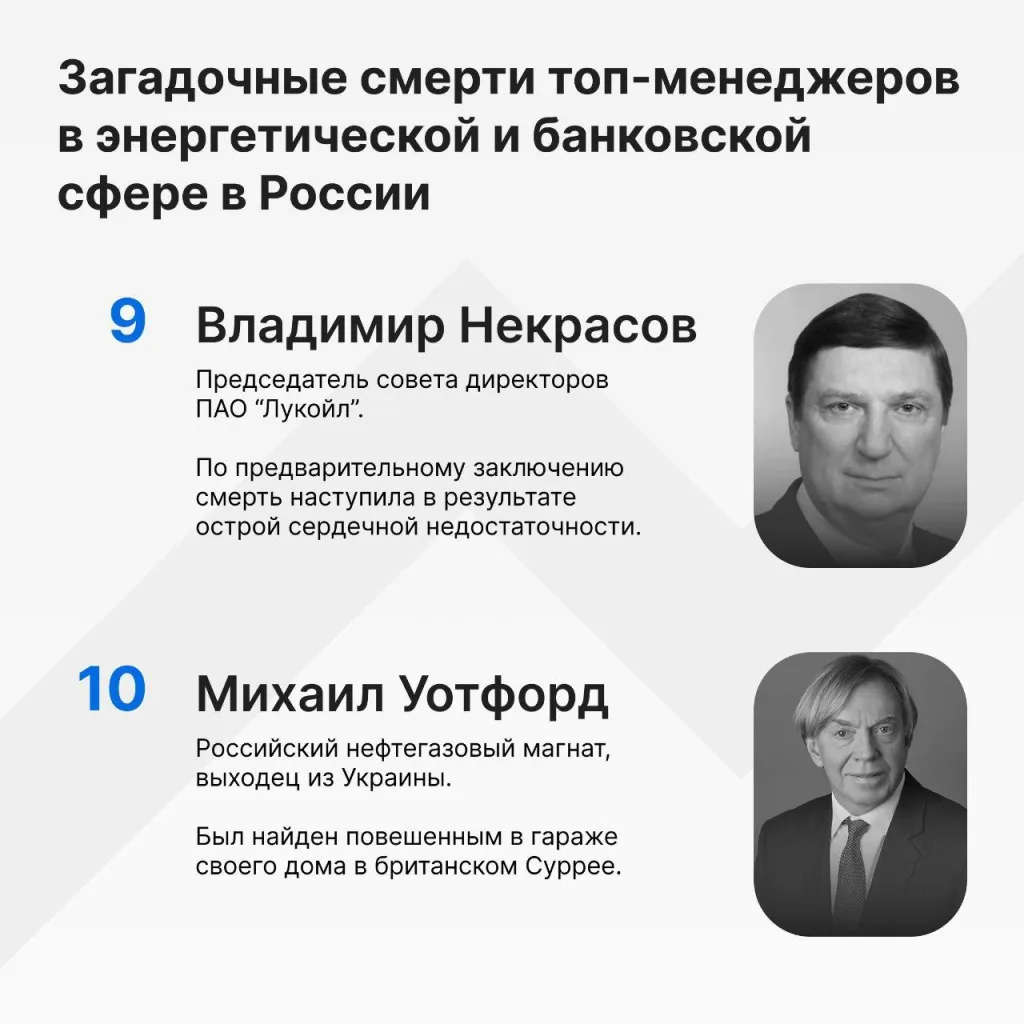 С 2022 года, как-минимум 17 топ-менеджеров России погибли при загадочных обстоятельствах: В 2022м, сразу десять топ-менеджеров Газпрома, РЖД, Новатэка и других корпораций ушли из жизни выпадая из окон, катеров и гаражей