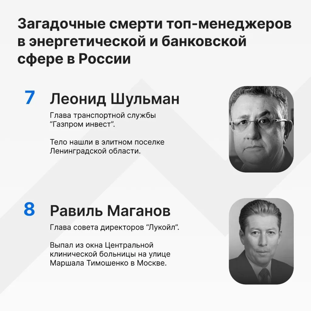 С 2022 года, как-минимум 17 топ-менеджеров России погибли при загадочных обстоятельствах: В 2022м, сразу десять топ-менеджеров Газпрома, РЖД, Новатэка и других корпораций ушли из жизни выпадая из окон, катеров и гаражей