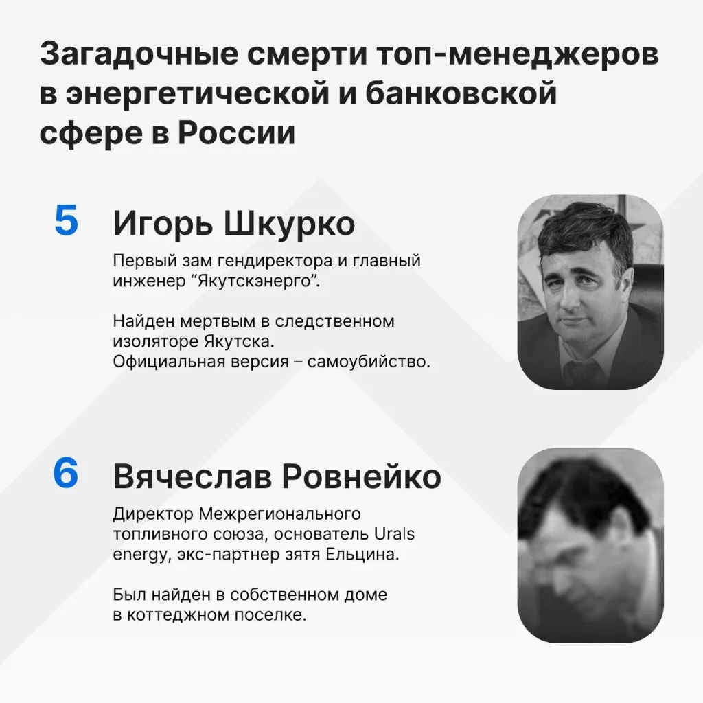 С 2022 года, как-минимум 17 топ-менеджеров России погибли при загадочных обстоятельствах: В 2022м, сразу десять топ-менеджеров Газпрома, РЖД, Новатэка и других корпораций ушли из жизни выпадая из окон, катеров и гаражей