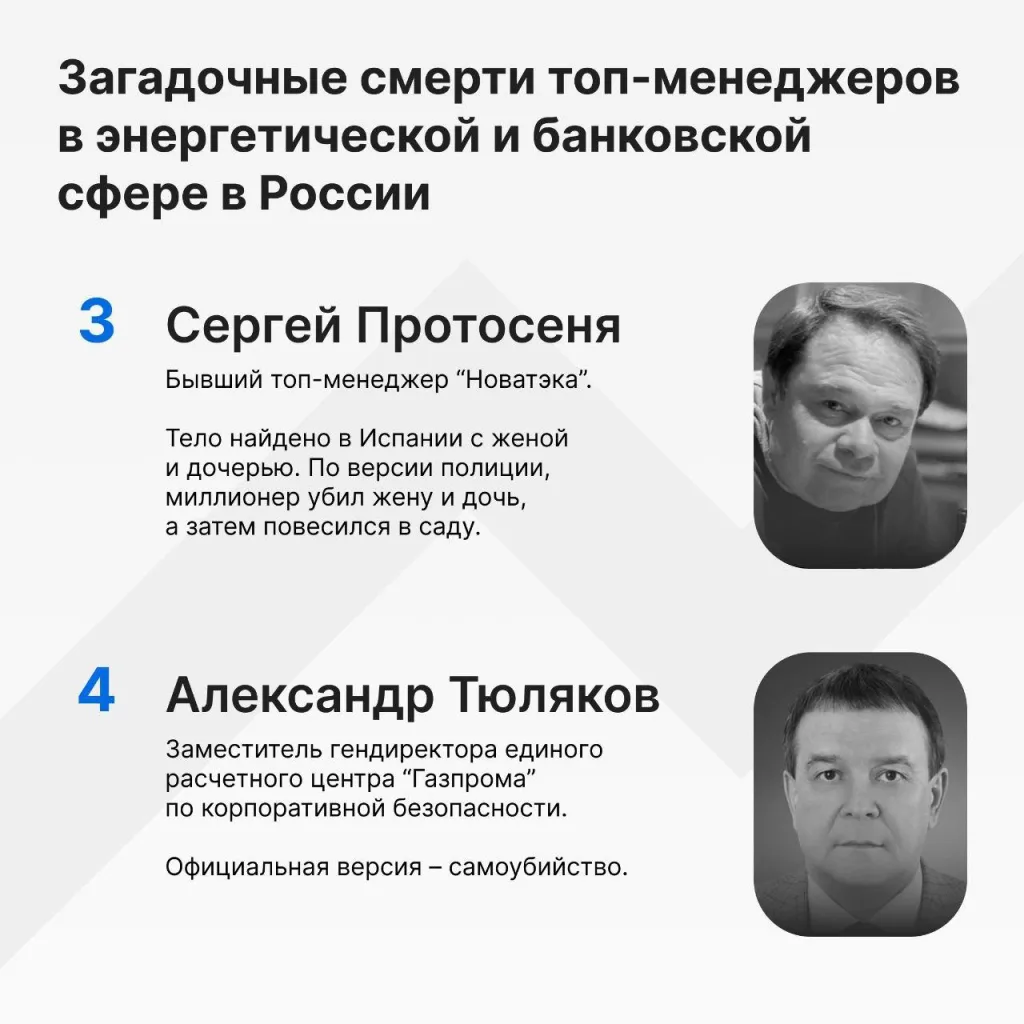 С 2022 года, как-минимум 17 топ-менеджеров России погибли при загадочных обстоятельствах: В 2022м, сразу десять топ-менеджеров Газпрома, РЖД, Новатэка и других корпораций ушли из жизни выпадая из окон, катеров и гаражей