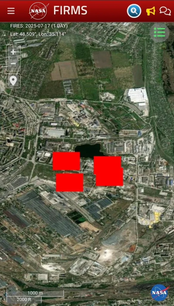 Локации ночных прилётов БпЛА в Днепропетровске и области согласно карте пожаров