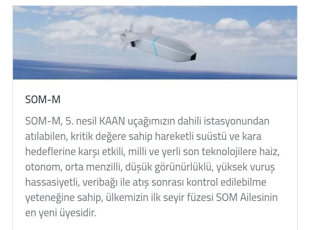 Представлена ​​крылатая ракета SOM-M, разработанная для турецкого истребителя KAAN