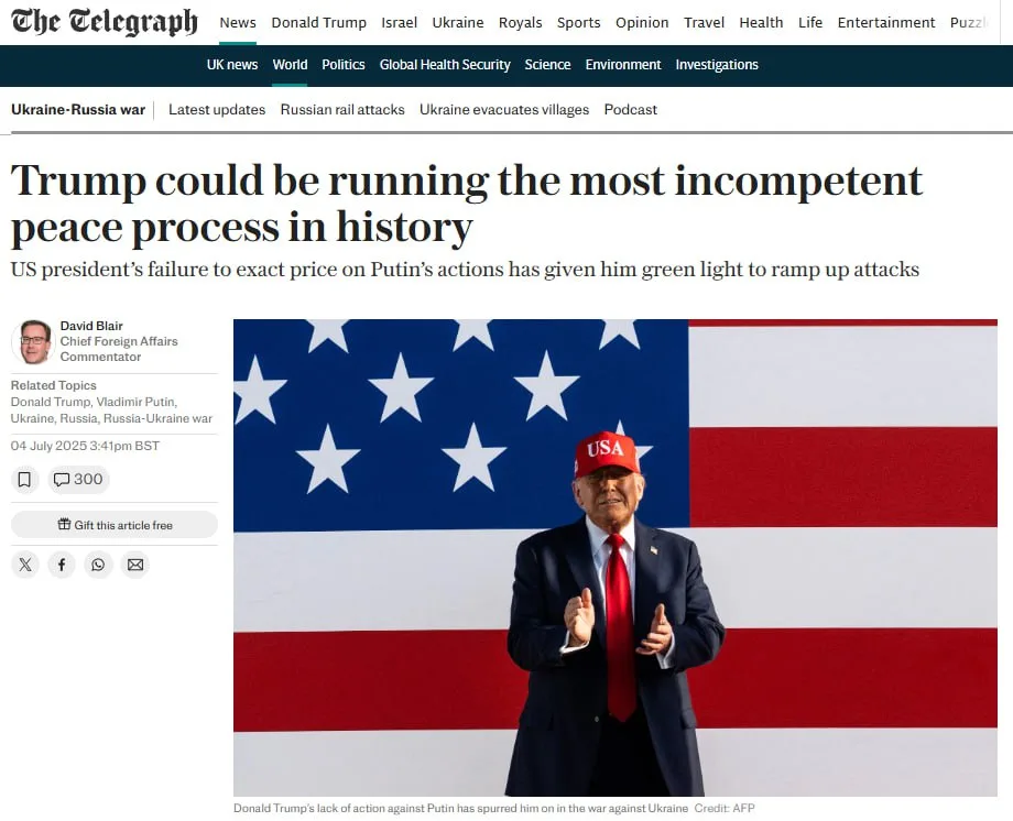 The Telegraph: Трамп дал Путину «зелёный свет» для ударов по Украине