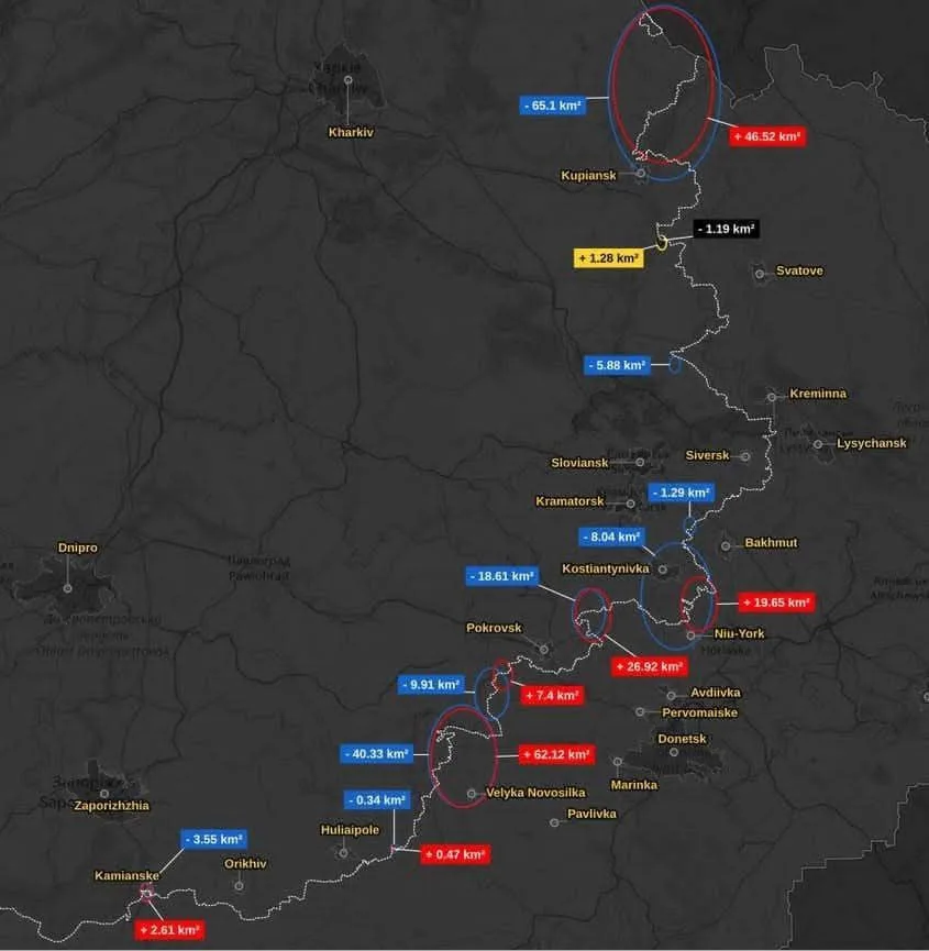 Ряд украинских каналов сообщает, что территориальные потери Украины в неделю составляют около 170 кв. километров
