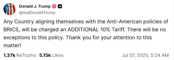 Трамп угрожает дополнительными пошлинами странам, поддерживающим «антиамериканскую» политику БРИКС