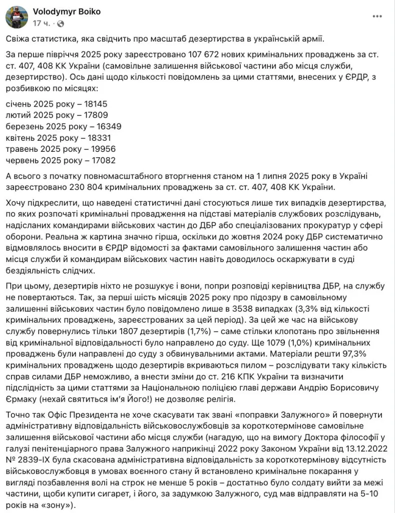 Масштабы дезертирства в рядах ВСУ продолжают сохраняться на высоком уровне, пишет украинский журналист Владимир Бойко
