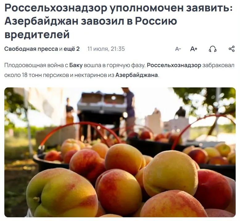 Баку грозит России подорожанием фруктов: Азербайджан возмущён претензиями к поставкам