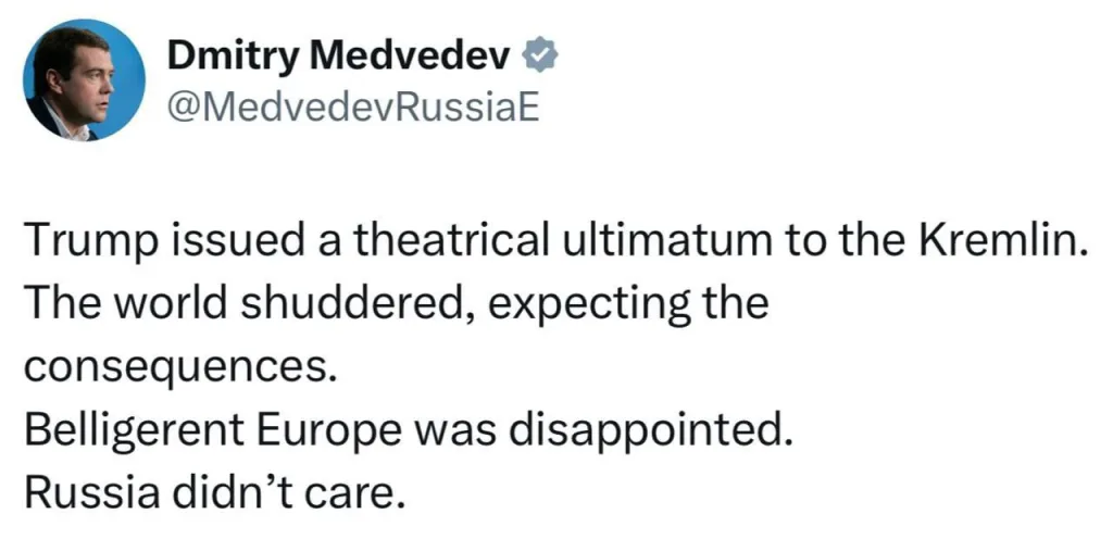 Медведев заявил, что Россию не волнует ультиматум Трампа, который дал 50 дней на заключение мирной сделки