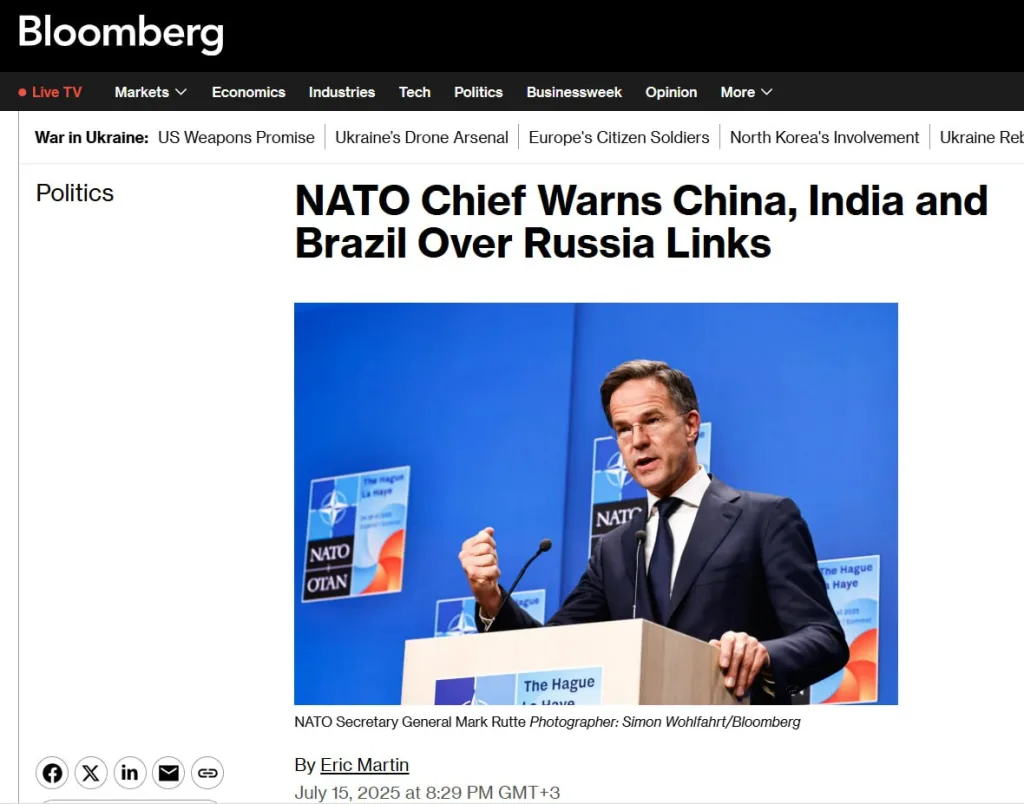 «Пожалуйста, позвоните Путину»: НАТО грозит Индии, Китаю и Бразилии жёсткими санкциями