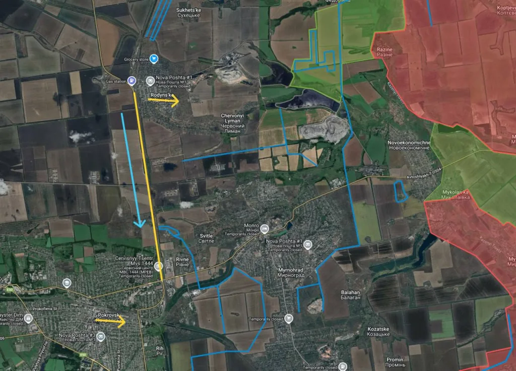 Войска РФ уже заняли около половины поселка Удачное к западу от Покровска и постепенно пробивают оборону Родинского, продвигаясь на востоке села и аккумулируя усилия на штурме шахты