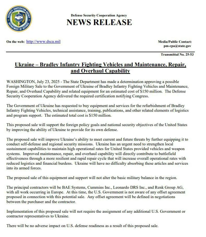 Пентагон объявил о продаже Украине комплектов для обслуживания и ремонта боевых машин пехоты M2 Bradley и зенитных ракетных комплексов HAWK Phase III на общую сумму 322 млн долл