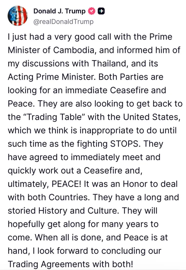 Таиланд и Камбоджа готовы к миру — Трамп