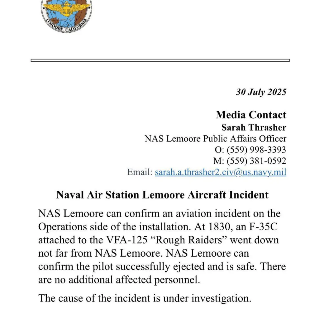 Истребитель F-35C разбился в США