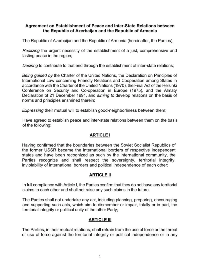 У Армении и Азербайджана больше нет территориальных претензий друг к другу — это следует из мирового соглашения между странами