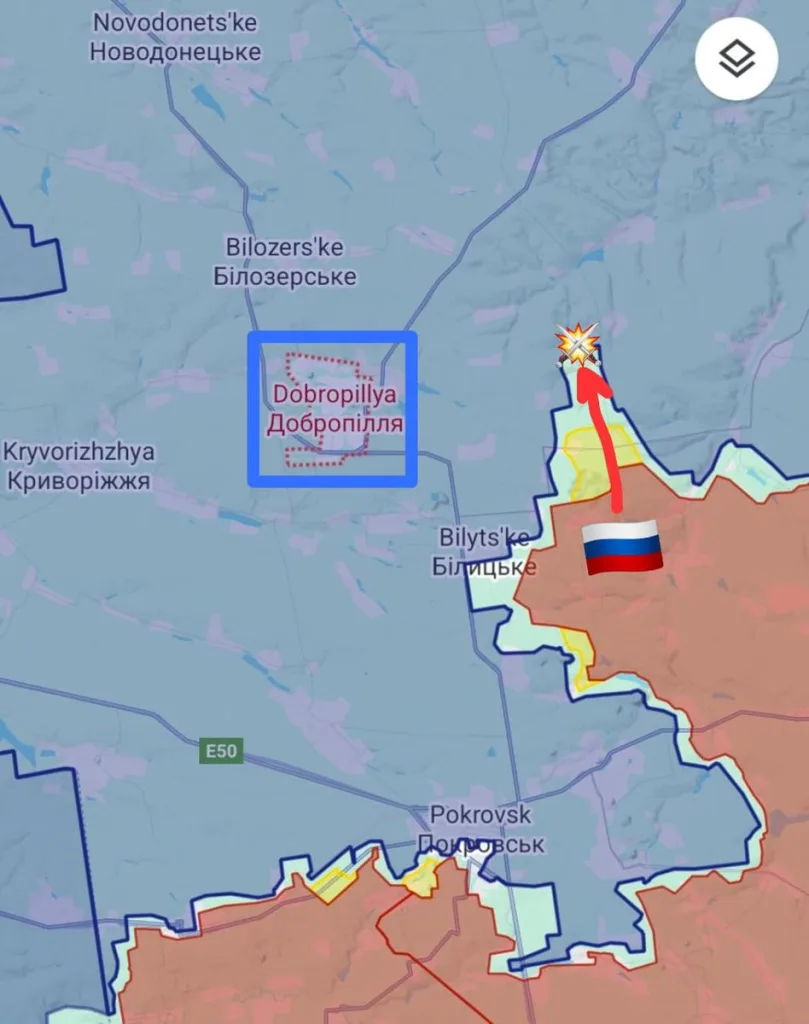 Появляются отдельные сообщения, что российские войска начали замыкать окружение Покровска по северному фасу и осуществляют накат на Доброполье