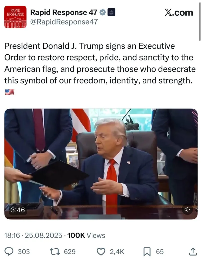 Дональд Трамп сегодня подписал новый указ — "О восстановлении уважения, гордости и святости американского флага"