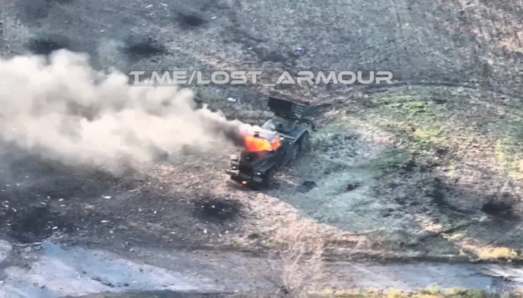 Уничтожение FPV-дроном РСЗО БМ-21 «Град» ВСУ в районе села Золотой Колодезь на Покровском направлении