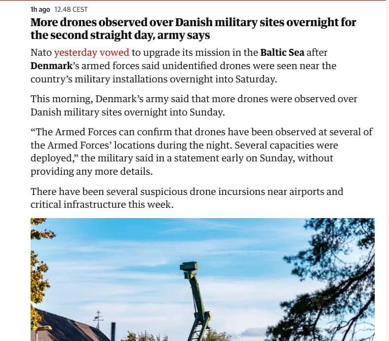 Над военными объектами Дании уже вторую ночь летают дроны: НАТО усиливает противовоздушный контроль