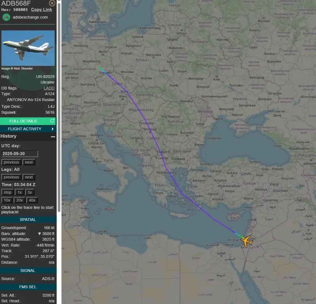 Украинский Ан-124 «Руслан» забирает характерные контейнеры из аэропорта Бен-Гуриона в столице Израиля Тель-Авиве, после чего борт отправился в немецкий Лейпциг