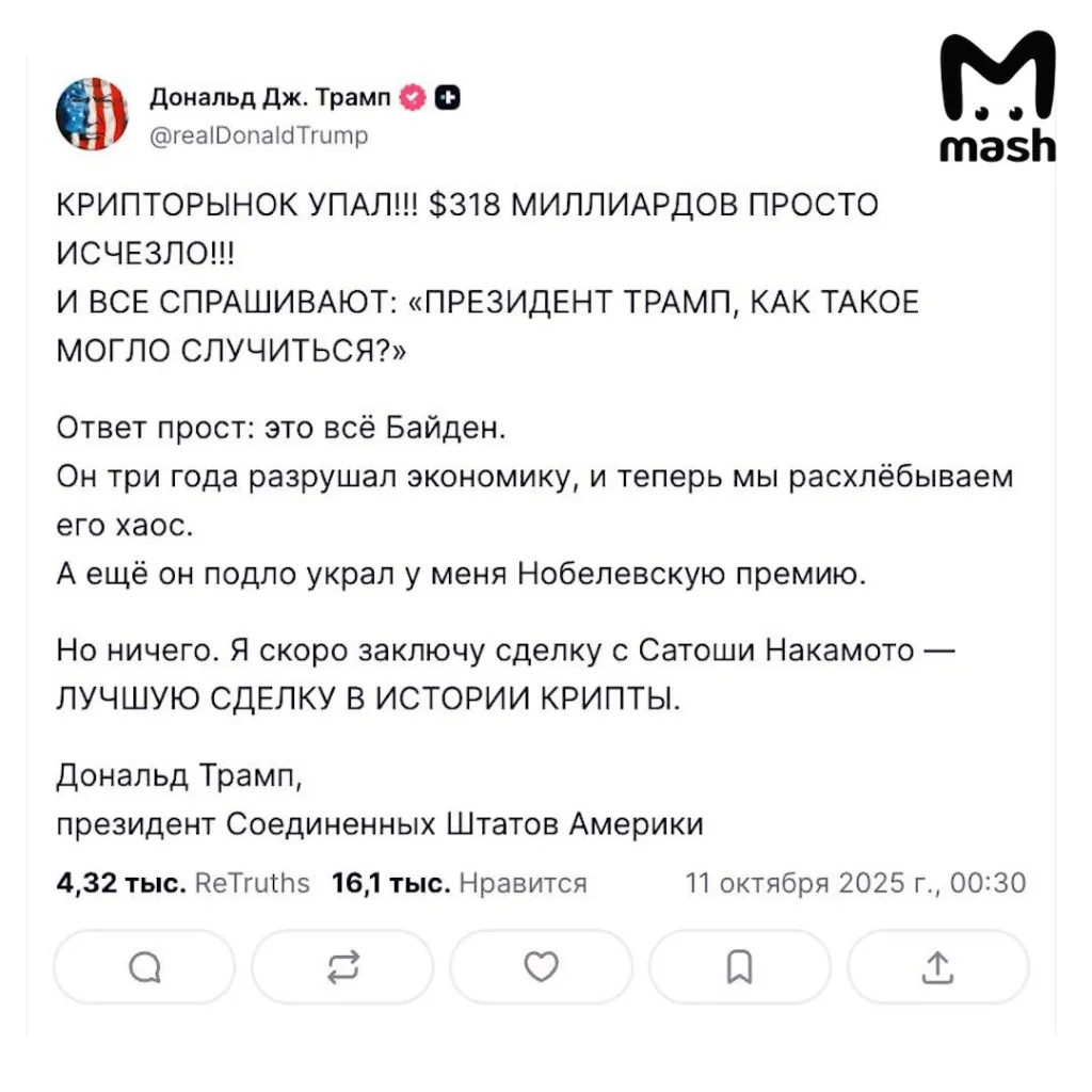 Трамп обрушил мировой рынок — акции крупнейших компаний и криптовалюты обвалились после его решения ввести с 1 ноября 100% пошлины на китайские товары