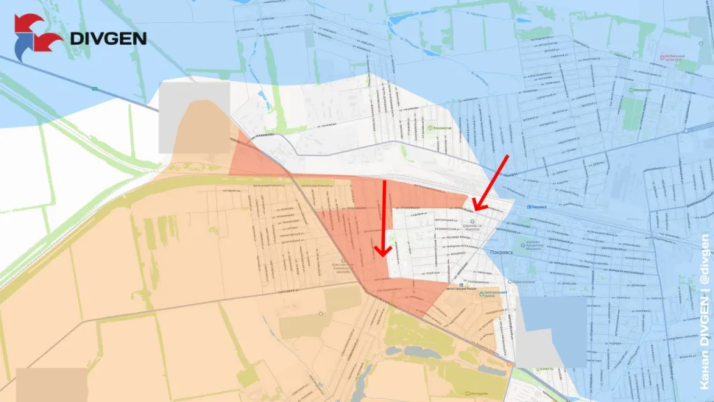 Пара украинских солдат сдается российскому дрону в центре Покровска