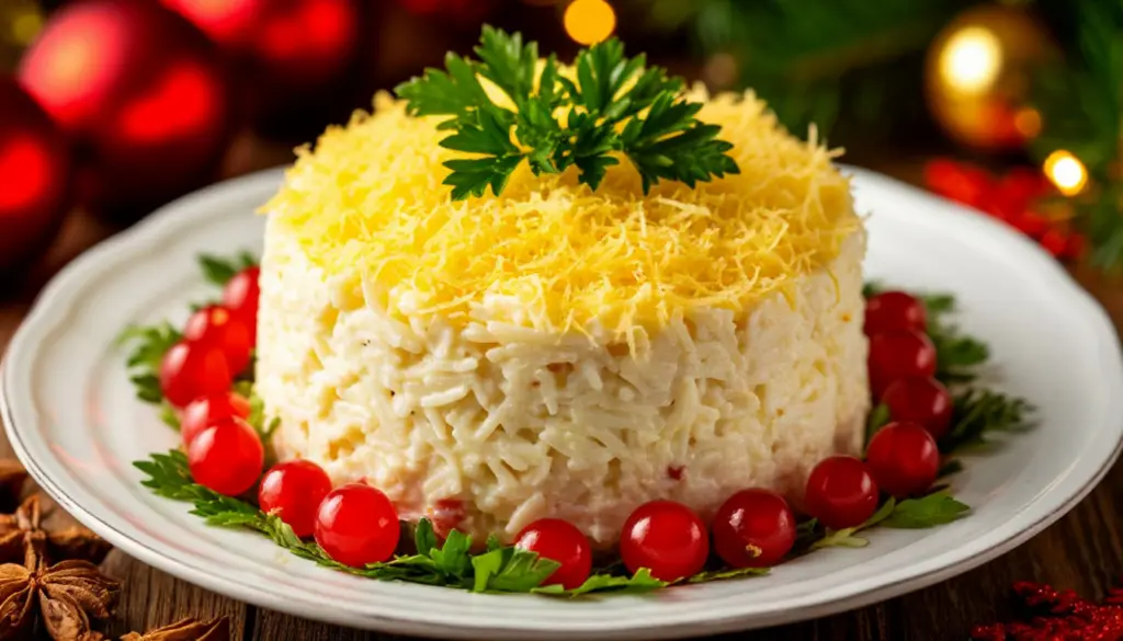 Новогодний салат «Белый принц» непременно станет ярким акцентом вашего праздника — привлекательно, аппетитно и без лишних хлопот