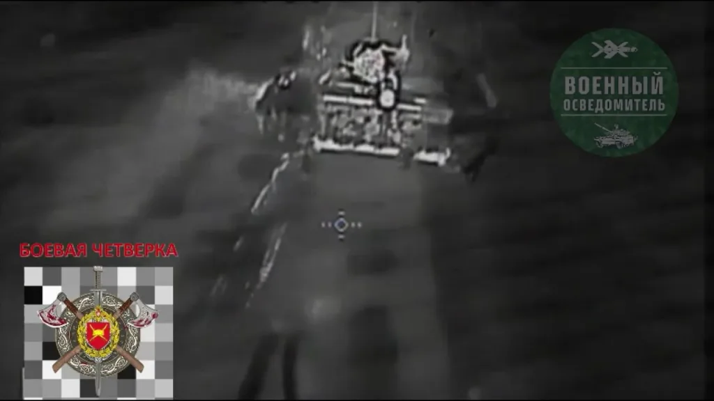 Работа FPV-дронов 74-го мотострелкового полка по украинской автомобильной технике и танку на дорогах Ореховского направления