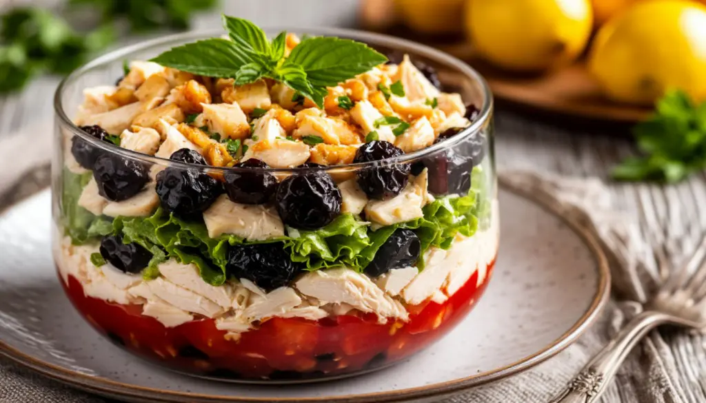 Слоеный новогодний салат с курицей и черносливом исчезает со стола быстрее, чем оливье