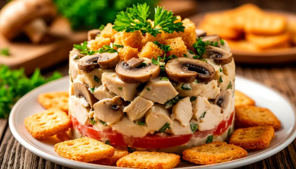 Праздничный салат из слоёв с курицей, шампиньонами и хрустящими сухариками — это простой и аппетитный вариант