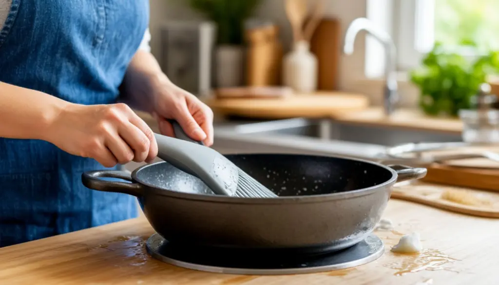 Заворачиваю сковороду в полиэтиленовый пакет, и нагар отлетает сразу же — любуюсь отражением