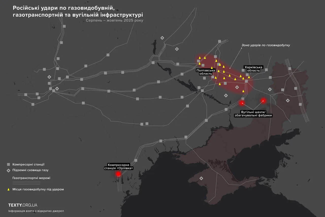 Украинская карта российских ударов по объектам энергетической и газовой инфраструктуры Украины за последние 3 месяца