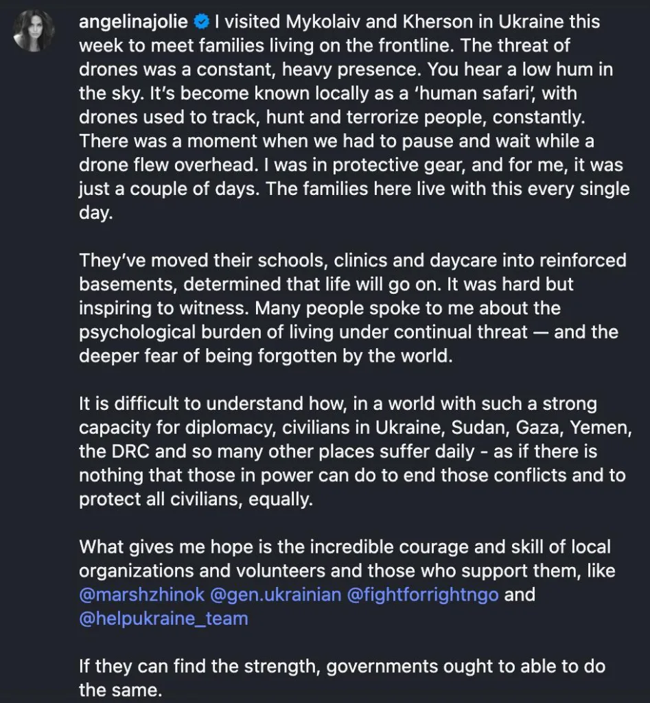 Джоли написала пост о своей поездке на Украину, но умолчала о задержанном ТЦК водителе