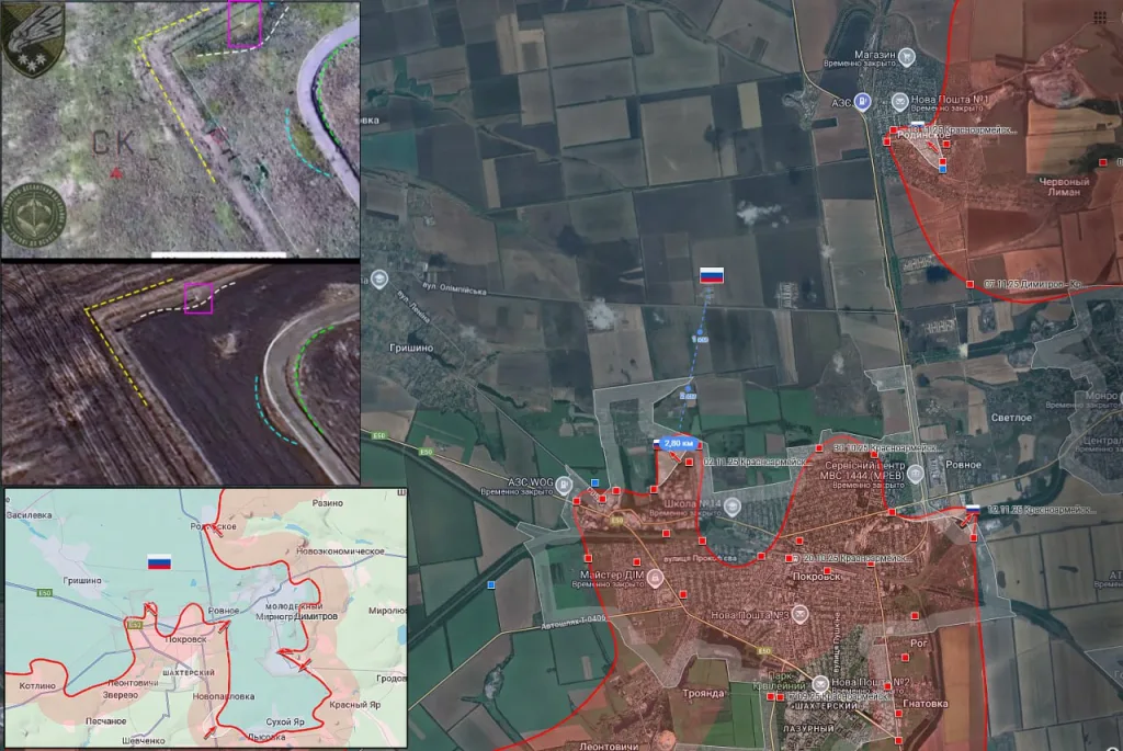 Штурмовики ВС РФ были замечены на дороге из Гришино, примыкающей к ключевой трассе Т0515, ведущей из Покровска через Родинское