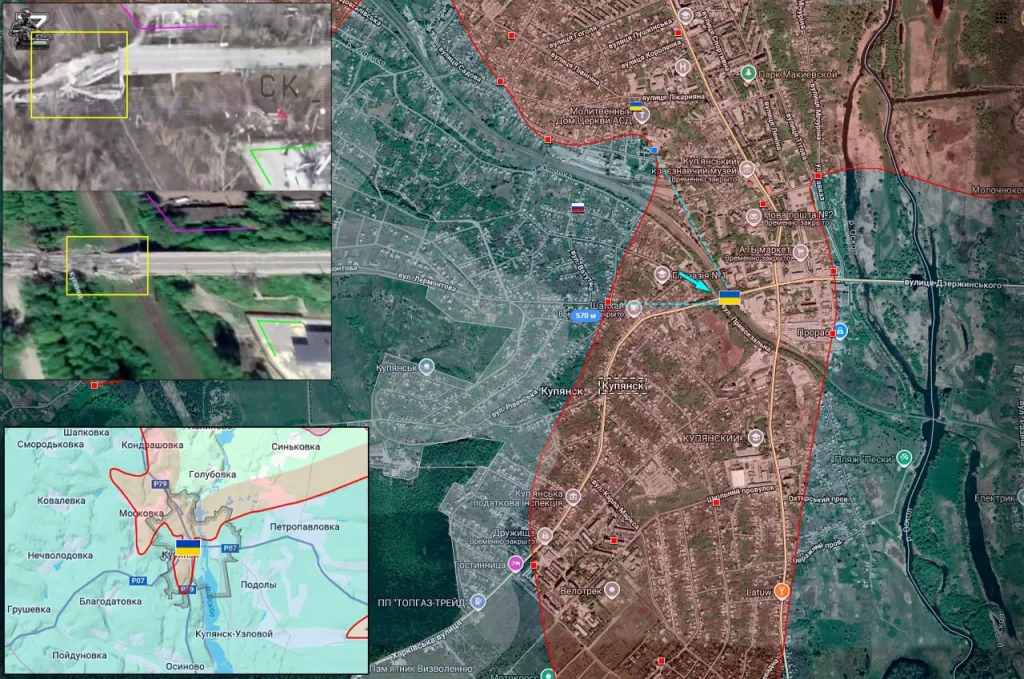 Удары FPV-дронов и дронов-ждунов по пехоте ВСУ в центре Купянска у железнодорожного моста