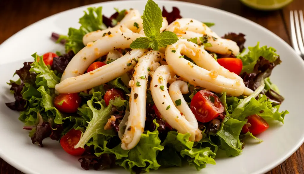 Салат с кальмарами состоит всего из трех компонентов: мягкий, хрустящий и без жесткости