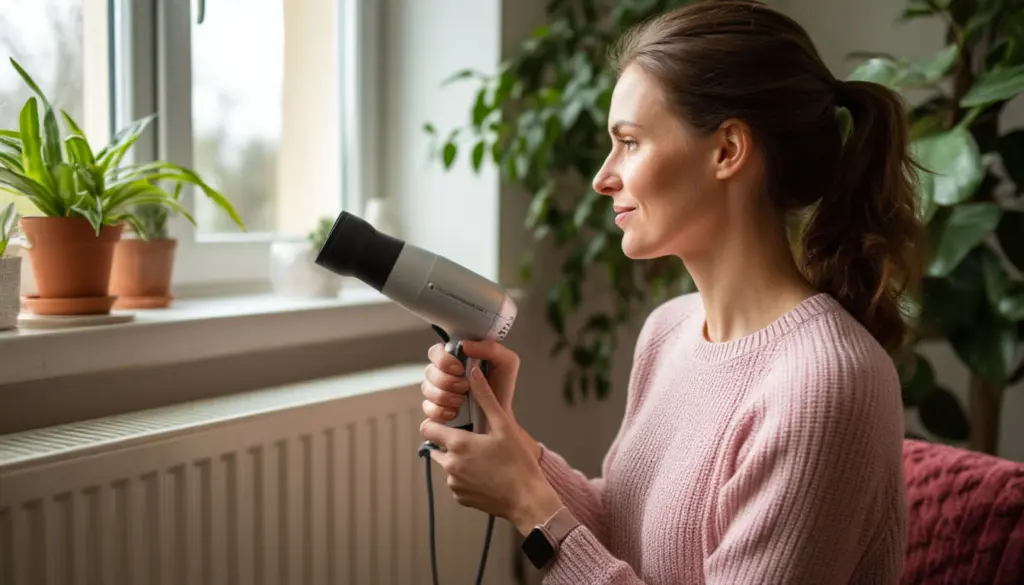 Если в помещении низкая температура, а радиаторы горячие – используем фен: «тепло» даже при минус 40