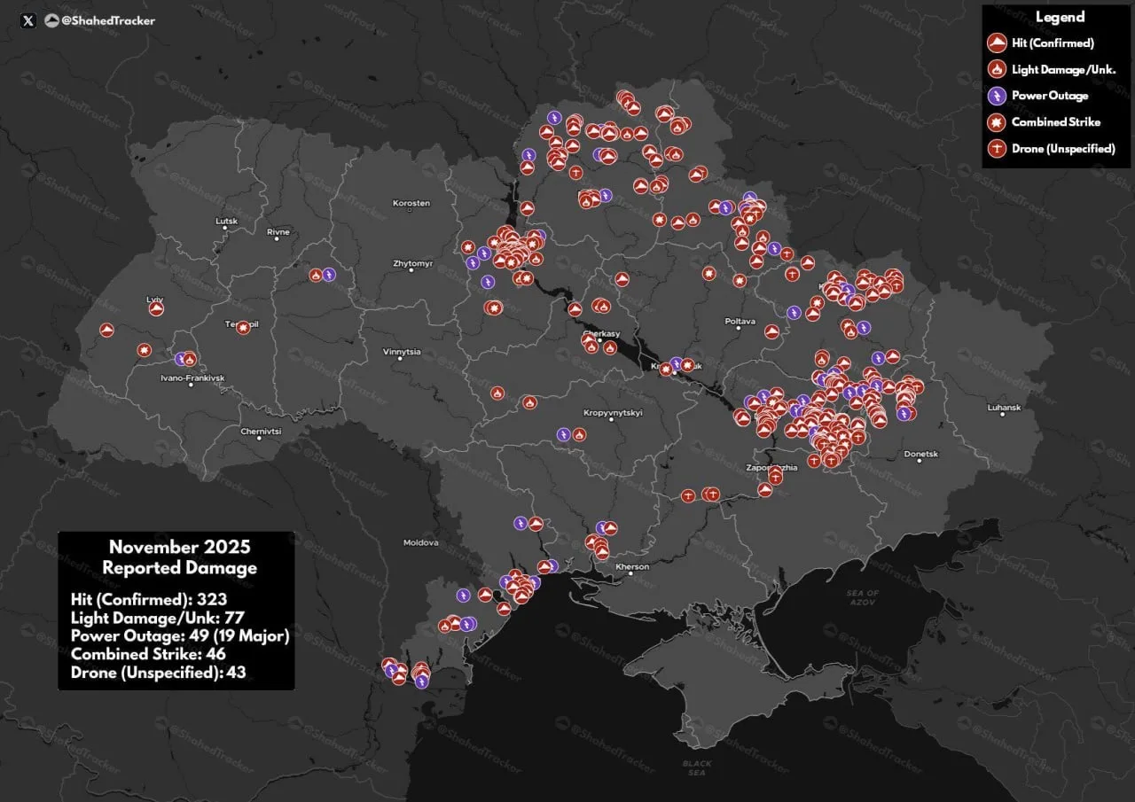 Минимум 57 объектов энергетической инфраструктуры Украины было атаковано в течении ноября 2025 года, что вызвало 49 отключений электроэнергии