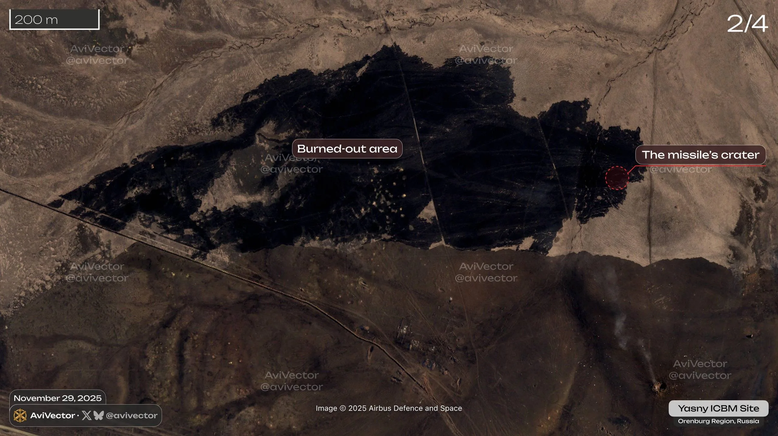 Спутниковые снимки места падения МБР в результате неудачного испытательного запуска на полигоне Ясный в Оренбургской области, сделанные на следующий день
