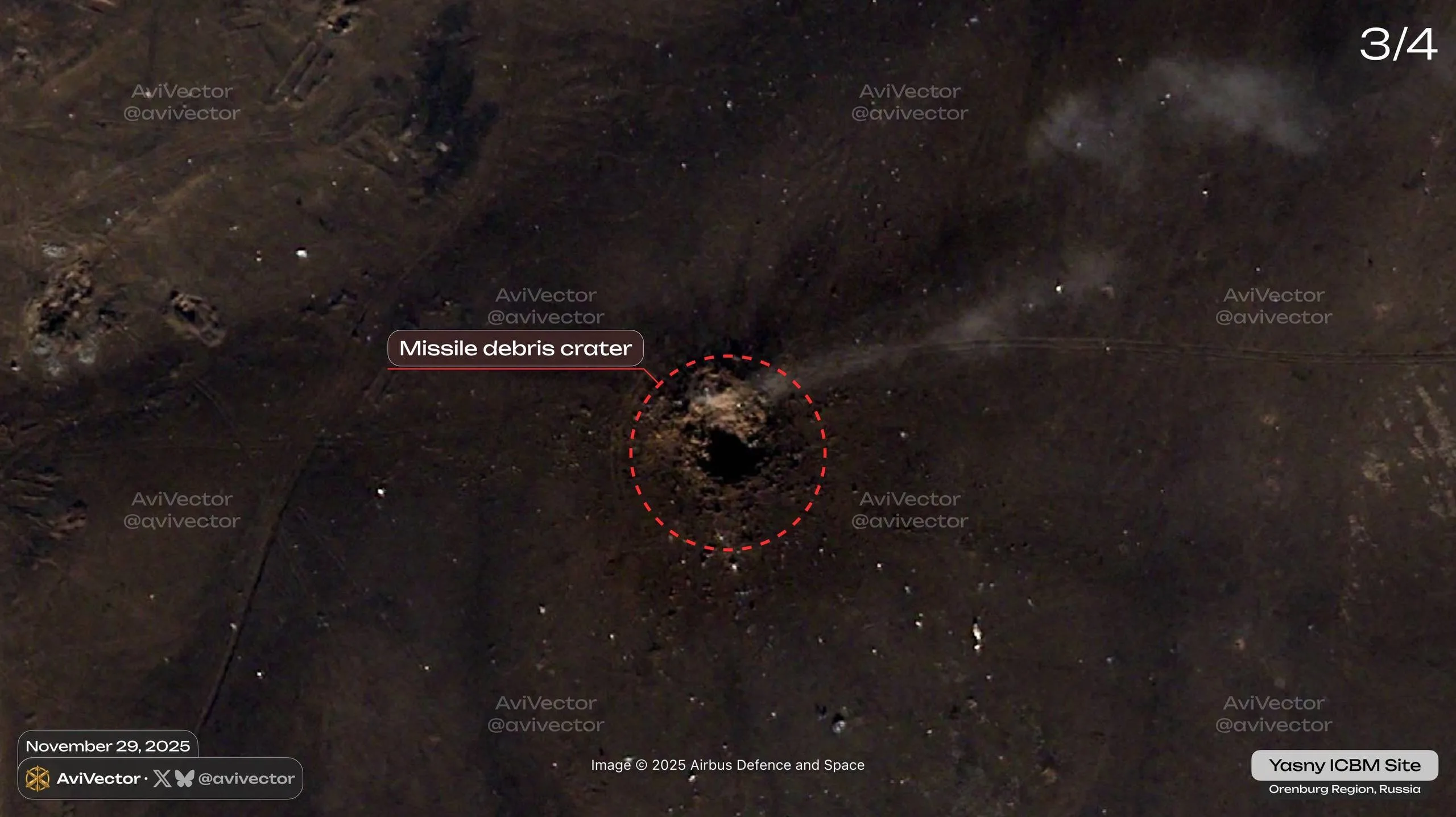 Спутниковые снимки места падения МБР в результате неудачного испытательного запуска на полигоне Ясный в Оренбургской области, сделанные на следующий день