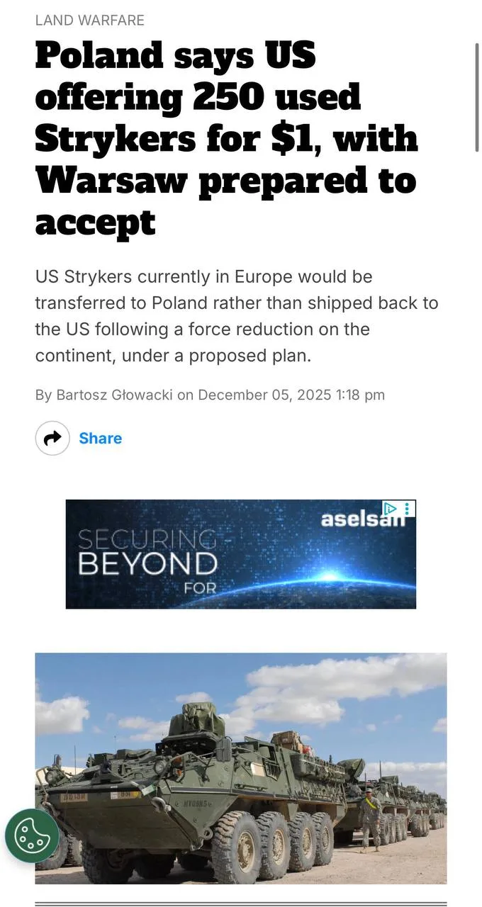США предложили Польше купить 250 подержанных бронетранспортеров Stryker по 1 доллару