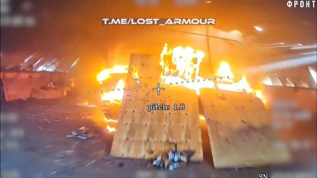 Уничтожение FPV-дронами шведской БМП CV9040C ВСУ, припрятанной противником в ангаре у села Мирополье Сумской области возле границы с Курской областью