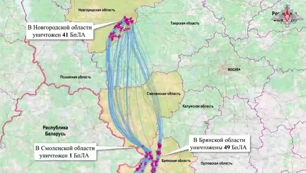 Минобороны показало один из сбитых БПЛА, летевших на резиденцию Путина, и карту атаки