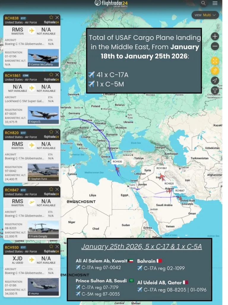 Американский "воздушный мост" на Ближний Восток с 18 по 26 января 2026 года включает в себя уже 41 военно-транспортный самолёт C-17A Globemaster III и 1 тяжелый C-5M Super Galaxy
