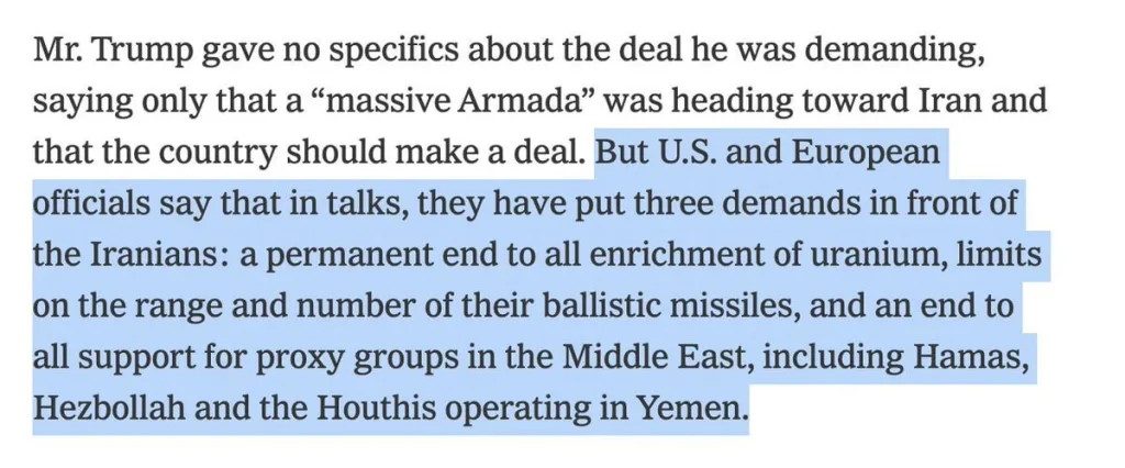 Как пишет The New York Times, США требуют от Ирана на переговорах трех ключевых вещей