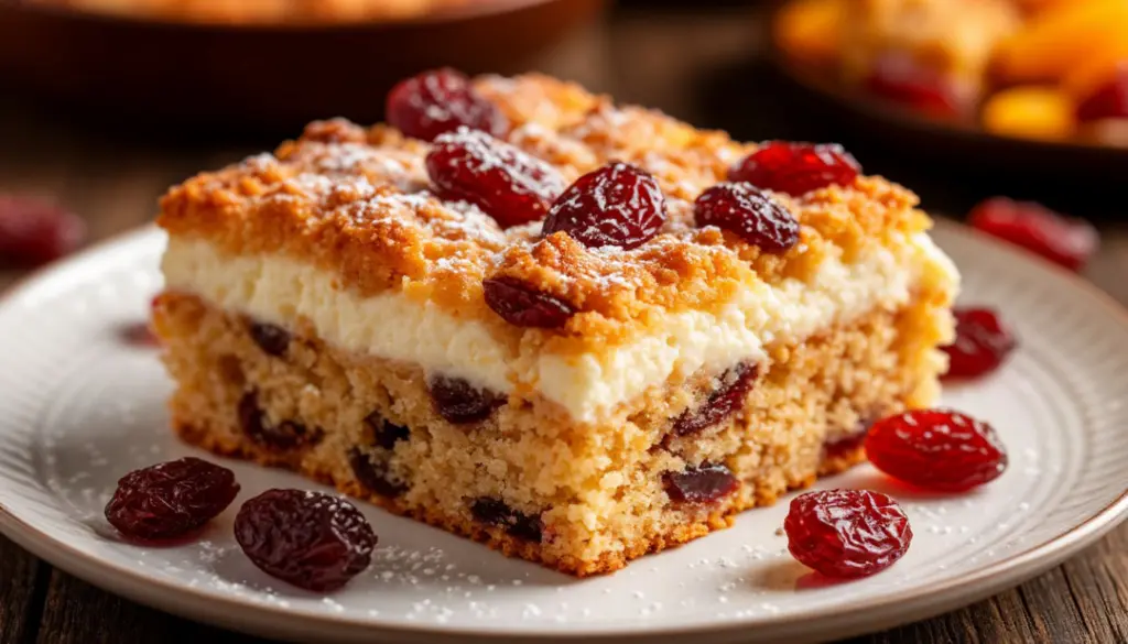 Пирог с натертым тестом, начиненный творогом и сушеными фруктами: верхний слой обладает приятной хрустящей корочкой и насыщенным ореховым запахом