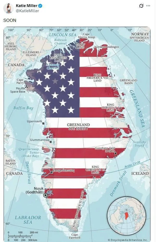 Супруга замглавы администрации Белого дома Стивена Миллера опубликовала карту Гренландии, окрашенную в цвета флага США