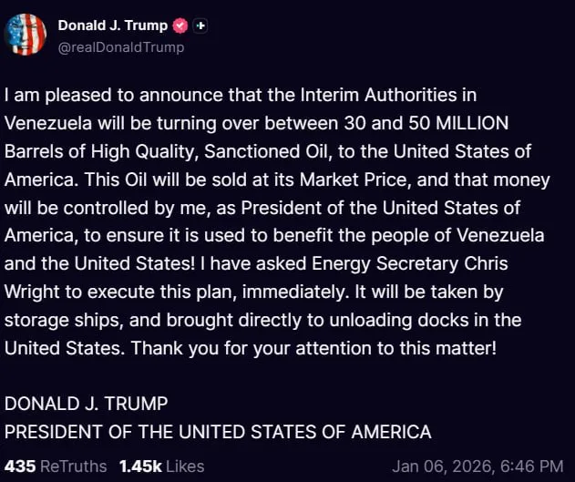 Новые власти Венесуэлы передадут США от 30 до 50 млн баррелей нефти для последующей продажи, завил Трамп