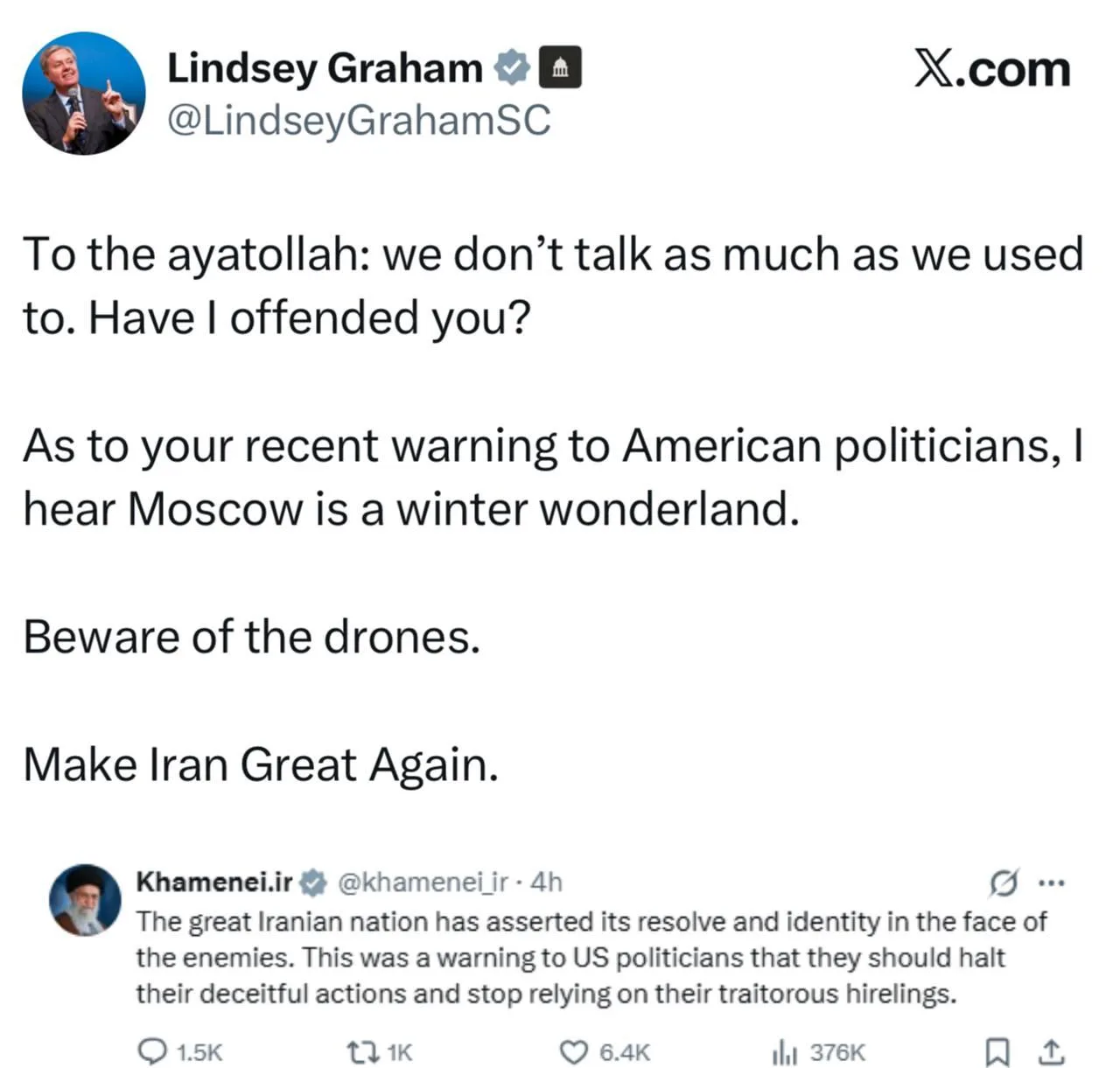 «Остерегайтесь беспилотников»: сенатор Грэм* угрожает верховному лидеру Ирана