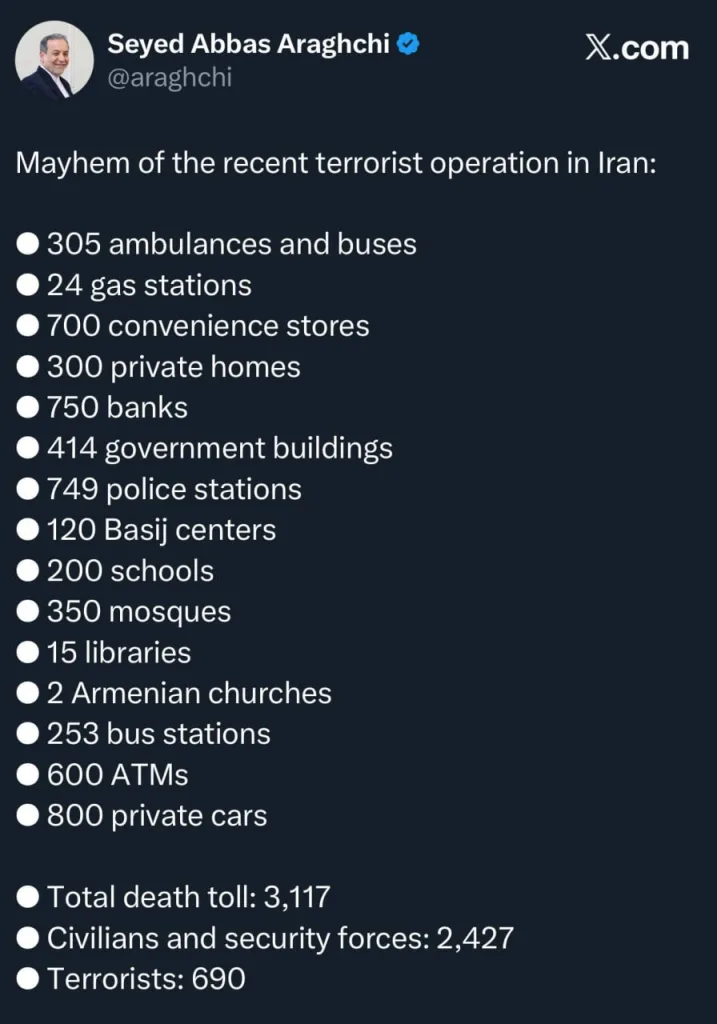 Глава МИД Ирана Аббас Арагчи заявил, что в ходе протестов, переросших в массовые беспорядки с применением оружия, погибло 3117 человек